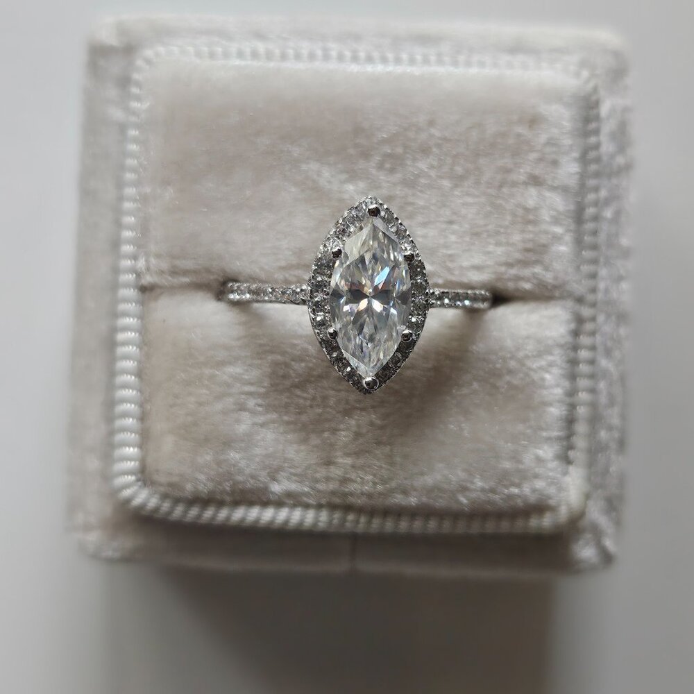 Marquise Cut Moissanite Engagement Ring, Statement, Size 6, Halo, Gift for her - Picture 4 of 7